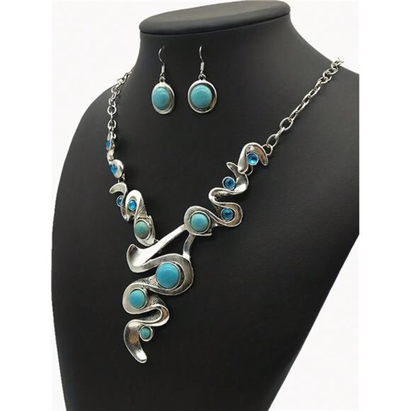 3pcs/Set Bohemian Faux Turquoise Necklace Earrings Set - Picture 2 of 6
